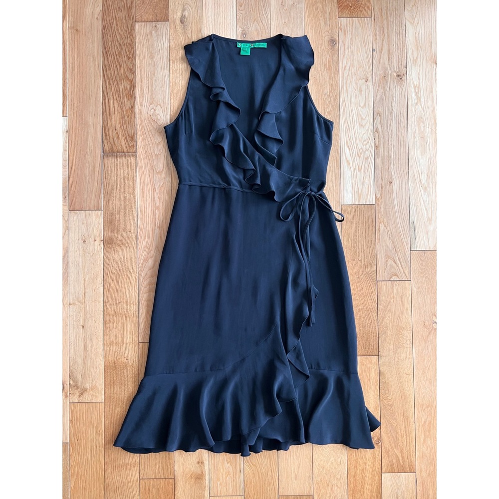 TIBI 100% Silk Wrap Ruffle Midi Dress Black V-Neck Sleeveless Womens‎ Size Large